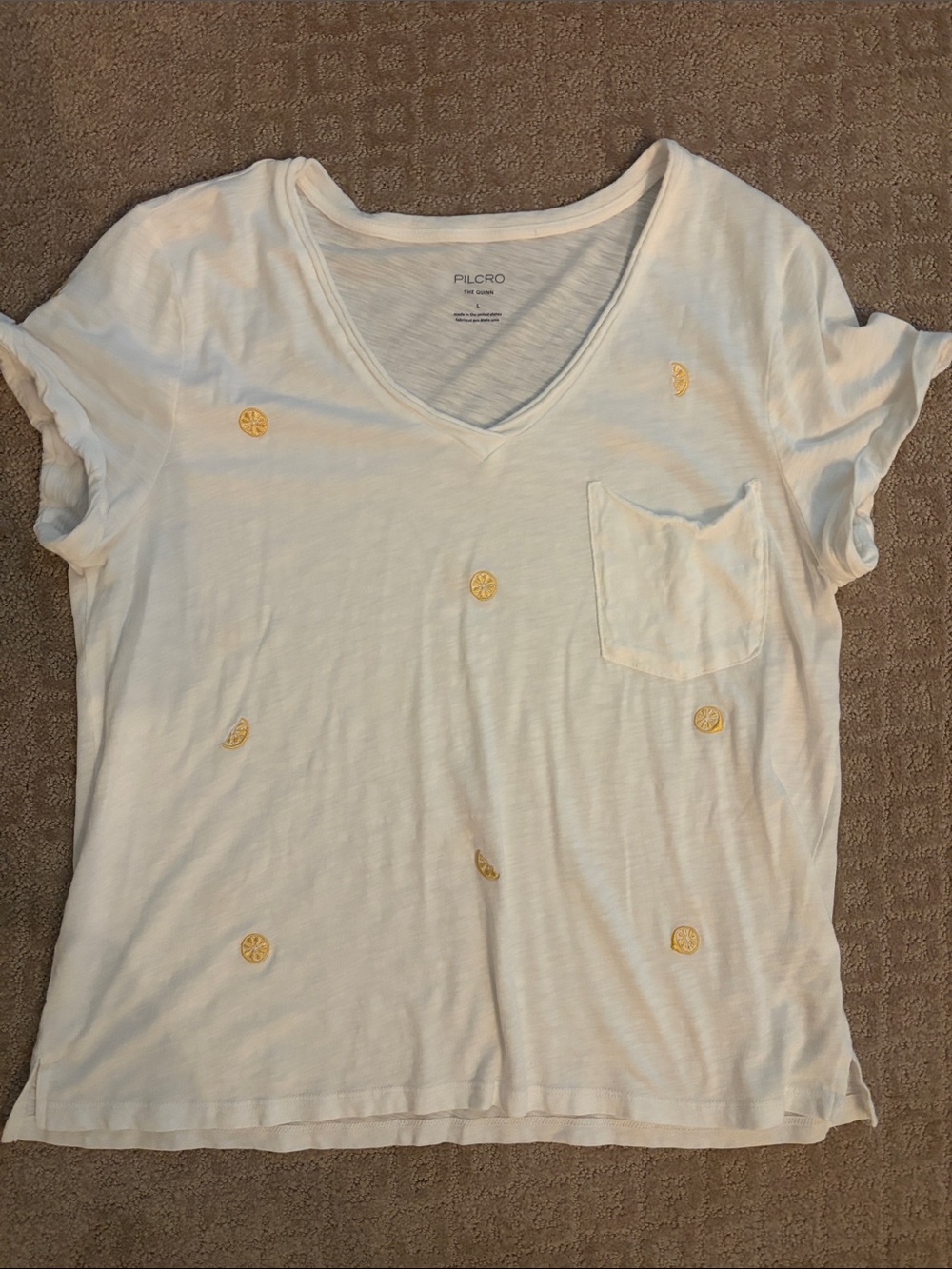 Anthropologie Pilcro White V-Neck Pocket Tee with Yellow Citrus Embroidery